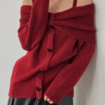 Off-Shoulder Bow Button Long Sleeve Wool Knitted Sweater