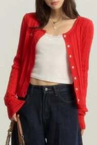 Maroon Cable Cropped Knit Cardigan - Image 2
