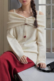 Off-Shoulder Bow Button Long Sleeve Wool Knitted Sweater - Image 8