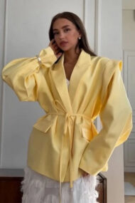 V-Neck Belted Shoulder Pad Blazer - Image 3