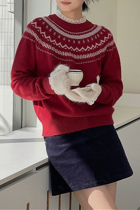 09223c71a395eec32dedc6987e50841a Fair Isle Pattern Loose Crew Neck Color Block Minimalist Sweater - Image 1