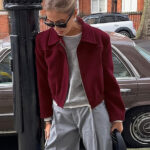 Burgundy Wool Short Casual Collared Retro American Jacket