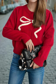 Solid Bow Jacquard Round Cardigan - Image 3