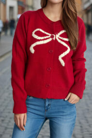 Solid Bow Jacquard Round Cardigan - Image 2