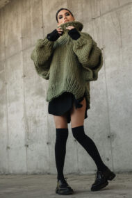 Solid Patchwork Chunky Fluffy Turtleneck Sweater - Image 15