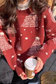 Color Block Snowflake Tree Pattern Knit Sweater - Image 3