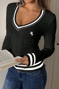 Color Block Striped Deep V Slim Sweater - Image 5