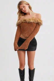 Off-the-Shoulder Fur Trim Slim Sweater - Image 4