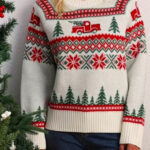 Tree Print Crew Neck Color Block Embroidery Sweater