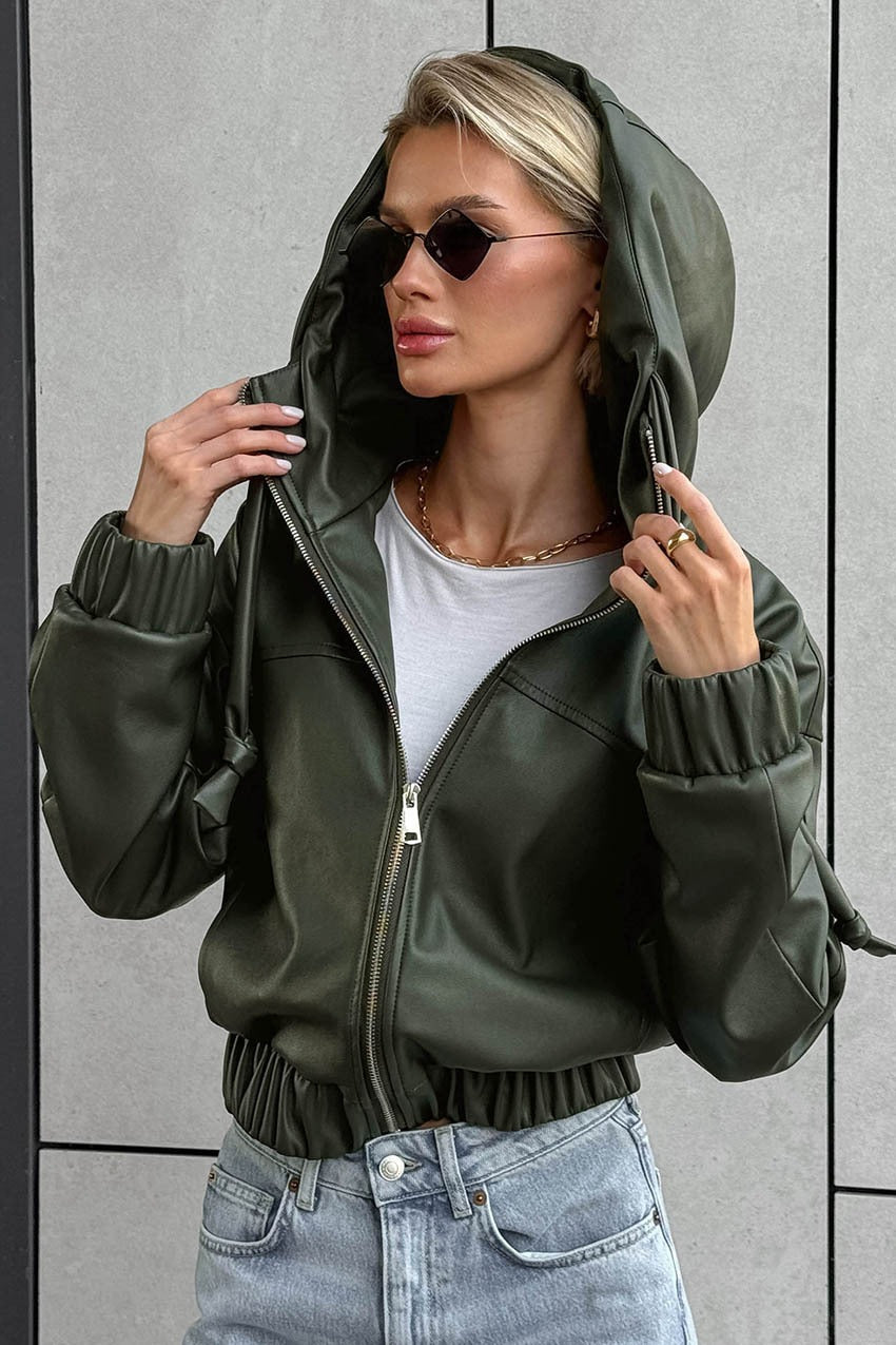 26f12612924478658c15cde4204e060a Black Faux Leather Hooded Loose Streetwear Jacket - Image 1