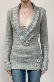 Vintage Paneled Asym V Neck Button Solid Sweater