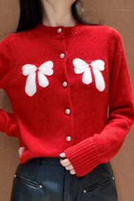 Bow Accent Red Knit Cardigan - Image 2