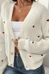 Heart Embroidery V Neck Cardigan - Image 3