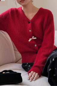 V Neck Bow Detail Button Cardigan - Image 5