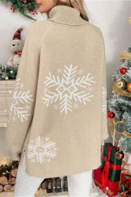Solid Color Turtleneck Snowflake Print Sweater - Image 5
