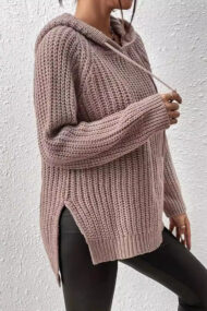 Solid Hooded Oversized Side Slit Sweater - Image 3
