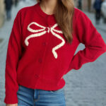 Solid Bow Jacquard Round Cardigan