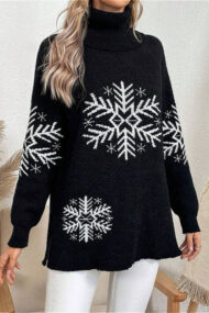 Solid Color Turtleneck Snowflake Print Sweater - Image 6