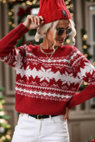 Color Block Crew Neck Snowflake Sweater - Image 2