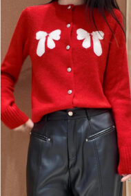 Bow Accent Red Knit Cardigan - Image 3