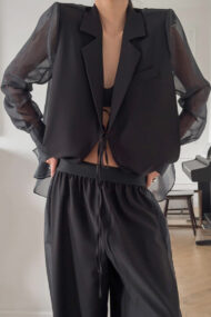 Mesh Tie Waist Wide Leg Pants Blazer - Image 3