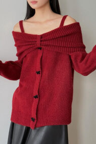 Off-Shoulder Bow Button Long Sleeve Wool Knitted Sweater - Image 2