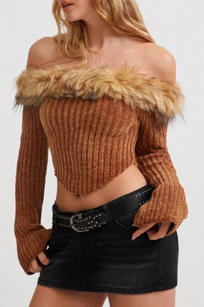 5ab6ee87583c1fda78111a886663c4a9 Off-the-Shoulder Fur Trim Slim Sweater - Image 1