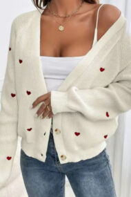 Heart Embroidery V Neck Cardigan - Image 4