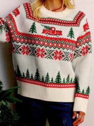 Tree Print Crew Neck Color Block Embroidery Sweater - Image 2