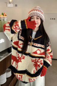 Knitted Relaxed Deer Striped Sweater - Image 2