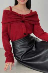 Off-Shoulder Bow Button Long Sleeve Wool Knitted Sweater - Image 3