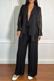 Mesh Tie Waist Wide Leg Pants Blazer - Image 5