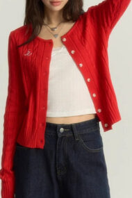 Maroon Cable Cropped Knit Cardigan - Image 3