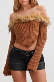 Off-the-Shoulder Fur Trim Slim Sweater - Image 2