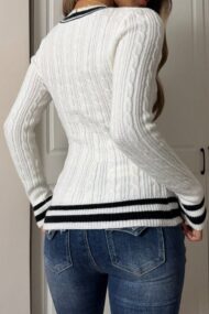 Color Block Striped Deep V Slim Sweater - Image 4
