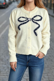Solid Bow Jacquard Round Cardigan - Image 12