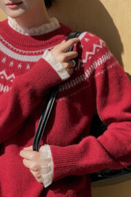 Fair Isle Pattern Loose Crew Neck Color Block Minimalist Sweater - Image 4