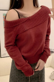 Red Knitted Lace Paneled Slim-Fit Off-Shoulder Sweater