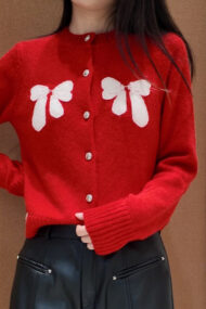 Bow Accent Red Knit Cardigan - Image 4