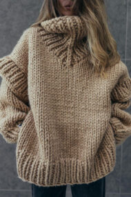 Solid Patchwork Chunky Fluffy Turtleneck Sweater - Image 16