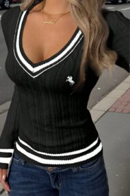 Color Block Striped Deep V Slim Sweater - Image 6