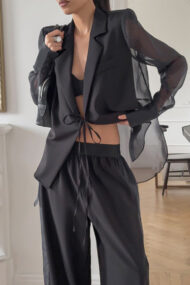 Mesh Tie Waist Wide Leg Pants Blazer - Image 2