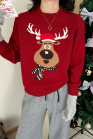 Crew Neck Color Block Deer Sweater - Image 2