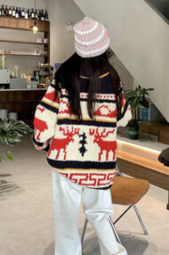 Knitted Relaxed Deer Striped Sweater - Image 6