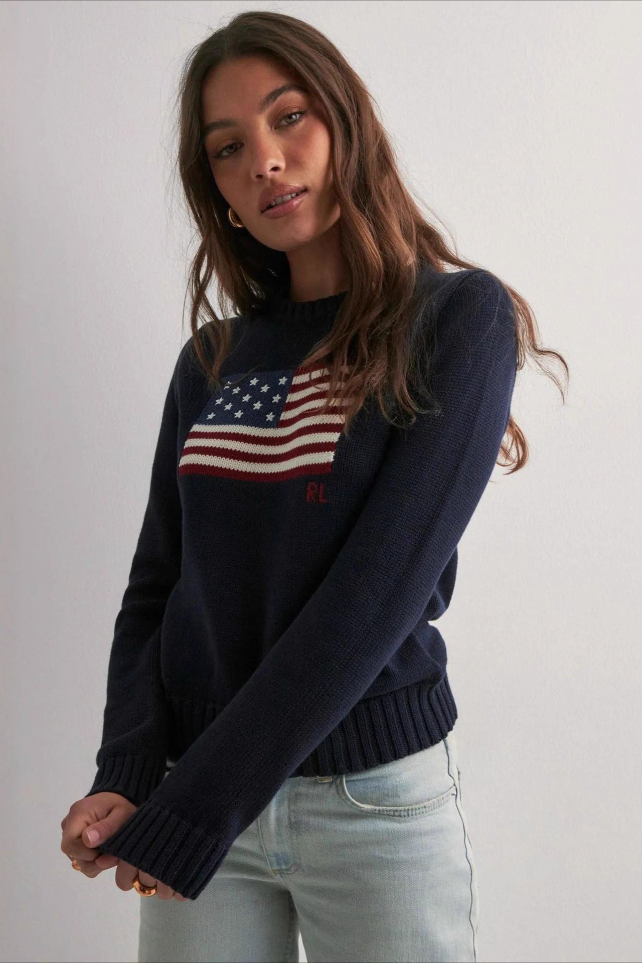 94620485f307ab4aabfdc2bb45d6a38d Color Block Flag Print Loose Knit Sweater - Image 1