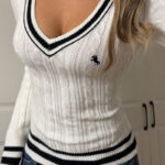 Color Block Striped Deep V Slim Sweater
