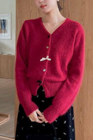 V Neck Bow Detail Button Cardigan