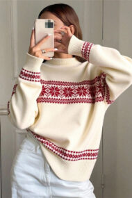 Minimalist Color Block Snowflake Stripe Sweater - Image 3