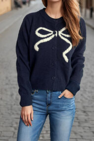 Solid Bow Jacquard Round Cardigan - Image 4