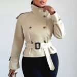 Collared Belted Buckle Short Trench Casual Women Jacket